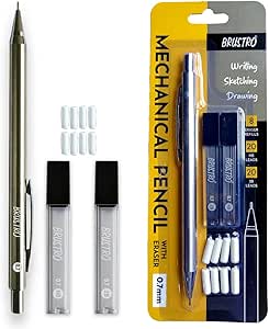 مداد مکانیکی BRUSTRO با پاک‌کن 0.7 میلی‌متری نوشتن/طراحی/طراحی سرنخ‌های یدکی HB، پاک‌کن یدکی 2B