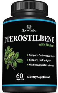 مکمل Sunergetic Premium Pterostilbene Pterostilbene با رسوراترول و کوئرستین از پیری سالم و سلامت قلب و عروق پشتیبانی می کند منبع طبیعی Pterostilbene 100 میلی گرم در هر وعده 60 کپسول