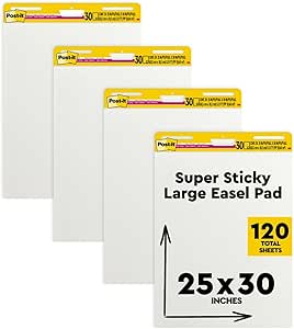 Pad-Super Sticky Easel Pad، 25 اینچ 30 اینچ، سفید، 30 برگ/پد، 4 پد/بسته، عالی برای معلمان و دانش آموزان مجازی (559 VAD 4PK)