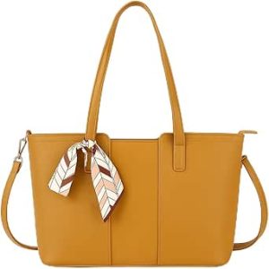 کیف دستی زنانه شیک زرد خردلی – کیف شانه ای و کراس بادی چرم PU با دسته های بلند و روسری تزئینی | کیف زنانه جادار برای دفتر، سفر و استفاده روزانه