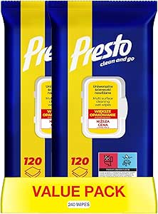 دستمال مرطوب یونیورسال Presto برای تمیز کردن | پارچه و مایع تمیز کننده 2 در 1 | درخشش فوق العاده | بسته شدن راحت | Maxi-Pack، 120 دستمال مرطوب (بسته 2، 240 دستمال مرطوب)