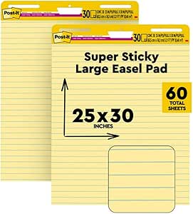 پد سهقلوی فوق چسبنده با خط 25 x 30 اینچ (77.5 x 63.5 سانتیمتر)، 2 پد/بسته | کاغذ زرد | کاغذ فلیپ چارت چسبیده | یادداشت های چسبناک اضافی | طوفان فکری | همه ایده ها قابل مشاهده | 30 ورق / پد
