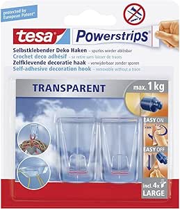 tesa Powerstrips 58813-00000-00 4x نوار چسب بزرگ شفاف و قلاب شفاف 2x L