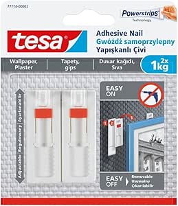 tesa 77774-00005-00 کاغذ دیواری و گچ 1 کیلوگرمی-قابلیت تنظیم ارتفاع آویز عکس-بسته 2 عدد میخ چسبی و 6 نوار، سفید، 2 عدد