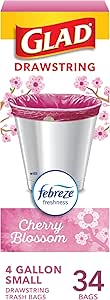 کیسه های زباله بند کوچک Glad OdorShield، کیسه زباله 4 گالن، شکوفه گیلاس Febreze، تعداد 34 (بسته ممکن است متفاوت باشد)