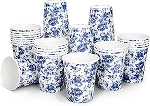 50 عدد لیوان کاغذی گلدار سفید آبی، لیوان یکبار مصرف گل چینی برای نوشیدنی های سرد گرم لوازم میز جشن تولد عروسی، 9 اونس