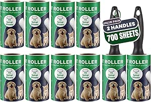 غلتک پرزدار (700 برگ 2 دسته) برس موی پت قابل حمل و قابل استفاده مجدد کیت پاک کننده موی حیوانات خانگی، غلتک چسبنده با 10 پر کردن مجدد برای رختخواب مبلمان، لباس صندلی ماشین