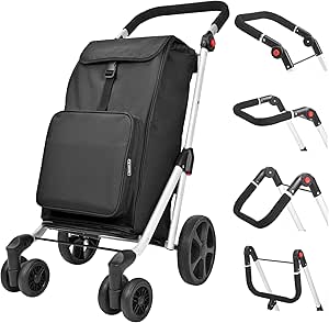 کالسکه خواربار فروشی، چرخ دستی خرید 6 چرخ، سبد خرید آلومینیومی 45 لیتری با کیسه خنک کننده عایق، دسته قابل تنظیم، چرخ دستی خرید تاشو (مشکی)