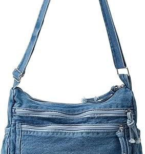 کیف زنانه جین کاون، کیف کراس‌بادی زیبایی برزنتی، کیف‌های دستی سبک وزن، کیف مسنجر رترو برای دختران نوجوان، کیف شلوار جین سبک غیررسمی برای استفاده روزمره با جیب‌های زیپی