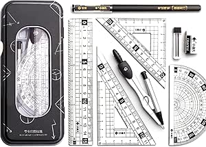 مجموعه Azonee Maths, مجموعه قطب نما هندسی خط کش خط کش ها برای جعبه بیرونی بادوام فلزی دانشجویی با پاک کن/قلم توپ (مشکی)
