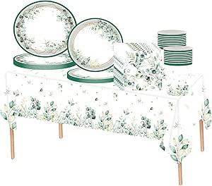 ست سفره 69 عددی Sage Green Pcs، پارچه رومیزی پلاستیکی برگ اکالیپتوس، بشقاب کاغذی، دستمال سفره و فنجان برای تولد نوزاد حمام عروسی Boho تزیینات مراسم جشن عروسی Sage Green