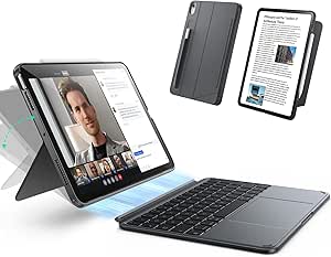 ESR برای iPad Air 11 اینچ (M3/M2) و 10.9 اینچ (نسل 5/4) با صفحهکلید، صفحهکلید جداشدنی مغناطیسی، حالتهای عمودی/منظر، صفحه نمایش کلیکی بزرگ در هر مکان، کلیدهای دارای نور پسزمینه، سری Shift، خاکستری تیره