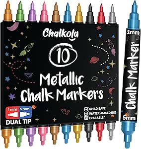 نشانگرهای گچی مایع دوتایی Chalkola برای تخته سیاه (10 رنگ فلزی، 1 میلی‌متر + 5 میلی‌متر ظریف، پررنگ) – خودکارهای پاک کن خشک برای تابلوهای تابلوهای گچی، پنجره‌های خودرو، شیشه، آینه – نشانگرهای تخته سیاه قابل پاک کردن