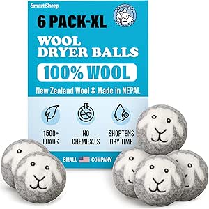 توپ های خشک کن پشم گوسفند هوشمند – 6 بسته – برنده جایزه نرم کننده پارچه طبیعی ممتاز XL – توپ های پشمی جایگزین ورق های خشک کن – توپ های پشمی برای خشک کن – توپ های لباسشویی برای خشک کن