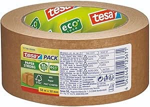 ecoLogo کاغذ tesapack – نوار بسته بندی کاغذ سازگار با محیط زیست، 60٪ مواد زیستی – قهوه ای – 50 متر در 50 میلی متر