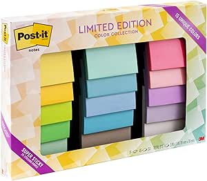 مجموعه رنگهای بسیار چسبنده نسخه محدود Post-it Notes، 3×3 اینچ، 15 پد/بسته، 45 برگه/پد، رنگهای متنوع (654-15SSHOL)