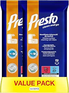 دستمال مرطوب تمیز کننده آشپزخانه Presto | 2-in-1 Wipe + Liquid | فرمول فعال | حذف آلودگی های چسبنده و چرب | برگ های آشپزخانه تمیز و خوشبو | 144 دستمال مرطوب (بسته 2 عددی، چند رنگ، رایحه شاداب کننده)