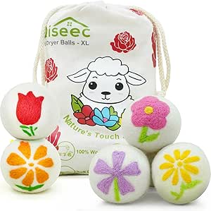 توپ های خشک کن پشمی 6 بسته – 3 اینچ XL، توپ های خشک کن قابل استفاده مجدد با گلدوزی منحصر به فرد، نرم کننده طبیعی پارچه، کاهش زمان خشک شدن و جلوگیری از چین و چروک