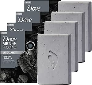 صابون نواری اسانس طبیعی با نیروی گیاهی Dove Men + Care برای تمیز کردن و آبرسانی زغال لایه بردار پوست مردان + صابون 4 در 1 روغن میخک برای بدن، مو، صورت و اصلاح مردانه 5 اونس