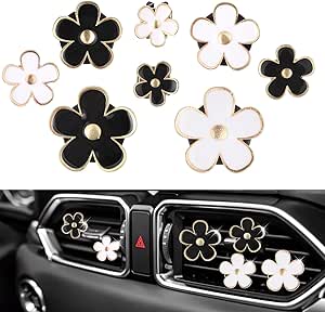 8 عدد گیره گل دریچه ماشین، گیره هواکش سفید و مشکی دیزی خوشبو کننده هوا با 4 سایز، دکور داخلی خودرو با لنت اسانس (8 عدد)