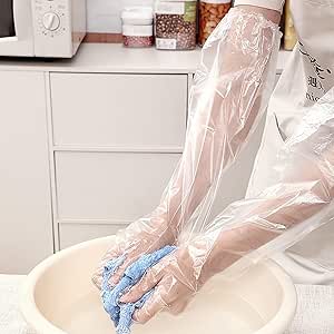 دستکش یکبار مصرف بلند Joyzzz، 50 عدد دستکش تمیز کننده خانگی 60 سانتی متری با ضخامت، دستکش یکبار مصرف با کاف الاستیک، دستکش ظرفشویی آشپزخانه، دستکش مخصوص غذا، دستکش شستشوی سبزیجات