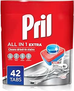 زبانه ظرفشویی اتوماتیک Pril All In 1 (42 زبانه)، زبانه انحلال سریعتر با تمیز کردن عمیق و عملکرد در برابر لکه های خشک شده