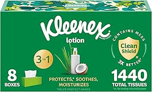 بافت صورت لوسیون Kleenex با روغن نارگیل، 8 جعبه تخت، 180 دستمال در هر جعبه، 3 لایه