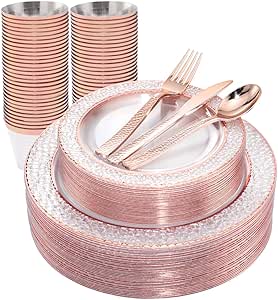 بشقاب های پلاستیکی رزگلد Ciaell 150PCS – بشقاب های یکبار مصرف رزگلد با ظروف نقره ای پلاستیکی رزگلد شامل 50 بشقاب، 25 چنگال، 25 چاقو، 25 قاشق، 25 فنجان برای عروسی و مهمانی و روز ولنتاین