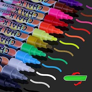 خودکارهای نشانگر گچی پاکشدنی مایع 12 رنگ، سازهای نئون قابل شستشو و پاک کن مرطوب با نوک گلوله و اسکنه برگشتپذیر 6 میلیمتری، غیرسمی، نشانگرهای تخته سیاه برای تخته سیاه، تابلوها، پنجرههای شیشهای، هنر