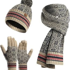 ست دستکش لمسی روسری کلاه Beanie زمستانی BIGTHREE برای زنان مردانه، ست دستکش روسری کلاه Beanie زمستانی 3 در 1 برای هدایای سفر در فضای باز ورزشی