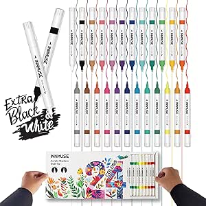 نشانگرهای اکریلیک دو نوک 24 رنگ (26 نشانگر) شامل نشانگرهای رنگ سفید و مشکی فوق العاده سفید، 0.7 میلی متری فوق العاده ظریف، نوک قلم مو، غیرسمی، بی بو و نشانگر رنگ دائمی برای سنگ، پارچه، لوازم هنری و صنایع دستی