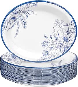 50 عدد بشقاب بیضی کاغذ گلدار آبی شینیون ظروف یکبار مصرف گل 10 × 8 اینچ بشقاب ظروف غذاخوری لوازم جشن تولد بهار عروسی