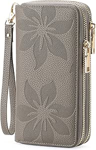 کیف پول زنانه GOIACII با ظرفیت بزرگ دو زیپ جای کارت تلفن زنانه RFID مسدود کننده چرم مچی، خاکستری A10، جمع و جور