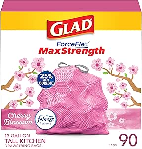 کیسه های زباله آشپزخانه Glad Tall 13 گالن، کیسه زباله MaxStrength شکوفه های گیلاس، بند کشی، 90 عدد