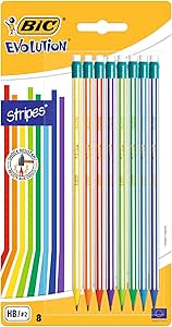 مداد گرافیتی BIC Evolution – بسته 8 عددی – مداد HB با پاک کن – طرح راه راه رنگارنگ و سرب مقاوم در برابر ضربه