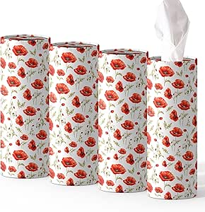 ست نگهدارنده جعبه دستمال کاغذی گرد گل خشخاش 4 عدد – لوله مسافرتی گل خشخاش قرمز برای ماشین با 50 برگ ظروف حوله صورت استوانه ای | جا لیوانی 2.7 اینچ 7.1 اینچی مناسب برای ماشین، مسافرت، خانه، اداره