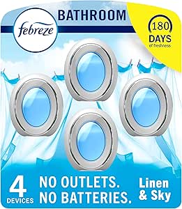 خوشبو کننده حمام Febreze، ضد بو، جایگزین، خوشبو کننده هوا برای خانه و حمام و آشپزخانه، خوشبو کننده هوا کمد، کتانی و بوی آسمان، 4 عدد