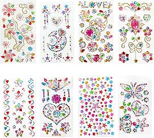 برچسب‌های 8 ورقه‌ای نگینی، بدلیجات جواهرات خود چسب، برچسب‌های سنگ‌های براق کریستال اکریلیک، جواهرات چند رنگ برای صنایع دستی