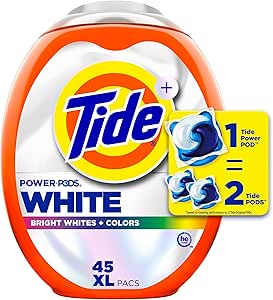 پودر لباسشویی Tide Power PODS Plus Ultra OXI White and Bright، 45 تعداد، قدرت حذف لکه و سفید کنندگی پیشرفته، بدون سفید کننده، ماشین لباسشویی، انواع پوست