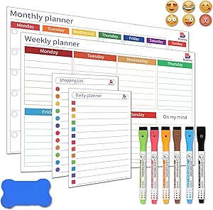 مجموعه تقویم پاک کن مغناطیسی خشک برای یخچال – برنامه ریز ماهانه، هفتگی، روزانه و لیست خرید – شامل 6 نشانگر نکات ظریف، 6 سگک و پاک کن مغناطیسی – برنامه ریز و سازماندهی غذا برای خانه و محل کار