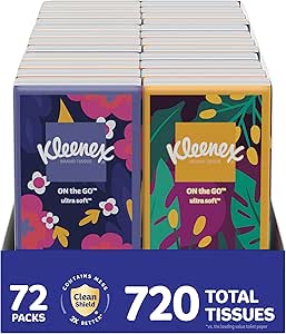 دستمال کاغذی صورت Kleenex On-The-Go، 72 بسته در حال حرکت (3 سینی 24 بسته)، 10 دستمال در هر جعبه (720 پارچه کل)، 3 لایه، بسته بندی ممکن است متفاوت باشد