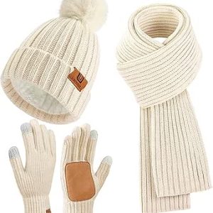 ست دستکش روسری کلاه Beanie زنانه با دستکش گرم بافتنی با دستکش لمسی گرمتر یقه بلند پوم پوم