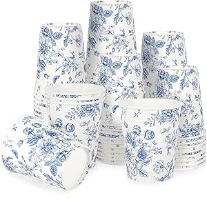 50 عدد لیوان کاغذی گلدار آبی و سفید لیوان های یکبار مصرف گل 9 اونس فنجان های نوشیدنی گلدار قدیمی برای نوشیدنی های گرم و سرد