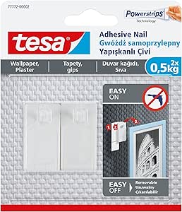 tesa چسب ناخن برای کاغذ دیواری و گچ 0.5 کیلوگرم – آویز عکس بدون ناخن – بسته 2 عدد میخ چسبی و 3 نوار