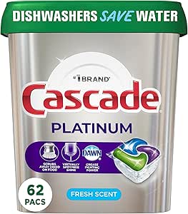 غلاف ماشین ظرفشویی پلاتینیوم Cascade، مواد شوینده ماشین ظرفشویی Actionpacs، رایحه تازه، 62 عدد