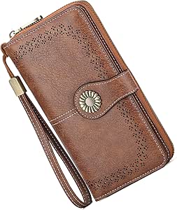 کیف دستی چرمی زنانه، مسدود کننده RFID، ظرفیت بزرگ با 12 اسلات کارت، سبک قدیمی با دکمه آفتابگردان، قهوه ای