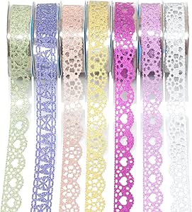 Tazweeq 7 Roll of Glitter Washi Tape نوار چسب توری طرح گل، چسب نواری Washi Tape Masking DIY Scrapbooking Lace Tape Sticker for Scrapbooking, Card Card, Crafts, Frames, Planner