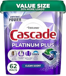 پوسته ماشین ظرفشویی Cascade Platinum Plus، صابون شوینده ظرفشویی، رایحه تمیز، 62 عدد
