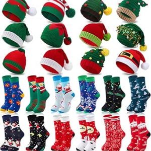 ست کلاه و جوراب بافتنی کریسمس لیترش 24 بسته شامل کلاه 12 بسته و 12 جفت جوراب خدمه، کلاه جنک بافتنی زمستانی مردانه زنان بزرگسال لوازم جشن کریسمس کودکان و نوجوانان، رنگ های روشن،