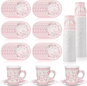 لوازم مهمانی ظروف یکبار مصرف گلدار Rtteri 100 عدد، بشقاب دسر گل آبی/صورتی و سفید، لیوان کاغذی گلدار 9 اونس برای تولد، عروسی، دوش کودک، تزیینات مهمانی چای بهاری (صورتی روشن)